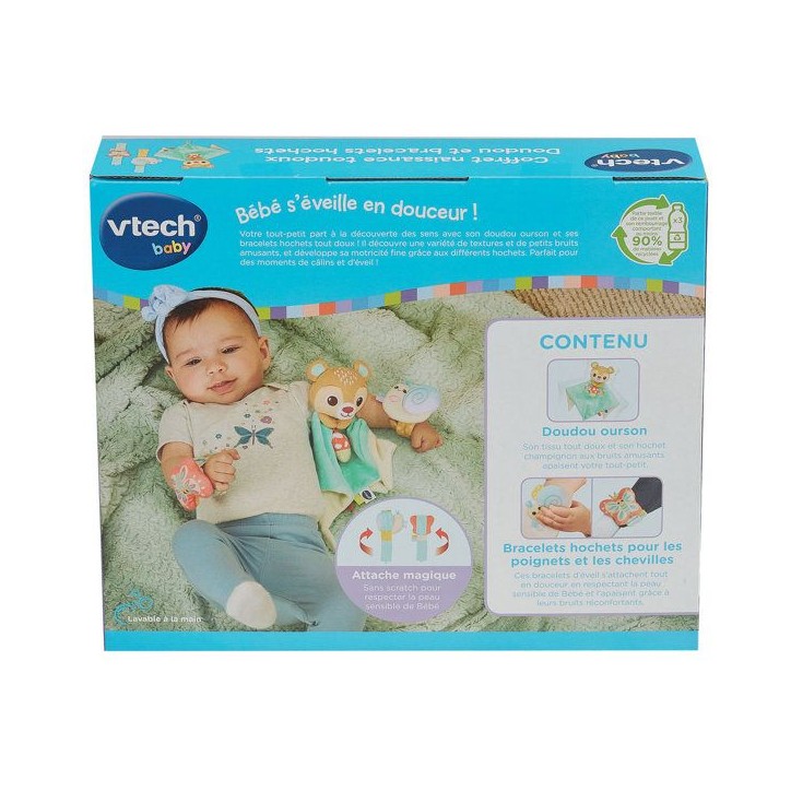 VTECH BABY - COFFRET NAISSANCE TOUDOUX - DOUDOU ET BRACELETS HOCHETS (BOUTEILLES PLASTIQUE RECYCLÉES) - Multicolore VTECH BABY - COFFRET NAISSANCE TOUDOUX - DOUDOU ET BRACELETS HOCHETS (BOUTEILLES PLASTIQUE RECYCLÉES) - Multicolore