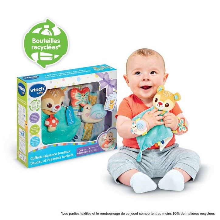 VTECH BABY - COFFRET NAISSANCE TOUDOUX - DOUDOU ET BRACELETS HOCHETS (BOUTEILLES PLASTIQUE RECYCLÉES) - Multicolore VTECH BABY - COFFRET NAISSANCE TOUDOUX - DOUDOU ET BRACELETS HOCHETS (BOUTEILLES PLASTIQUE RECYCLÉES) - Multicolore