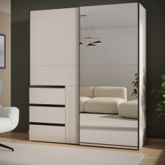 Armoire - 2 portes coulissantes 3 tiroirs - Décor Sable et miroir - L