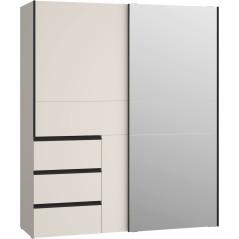 Armoire - 2 portes coulissantes 3 tiroirs - Décor Sable et miroir - L