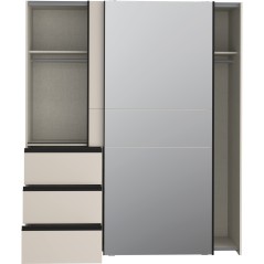 Armoire - 2 portes coulissantes 3 tiroirs - Décor Sable et miroir - L