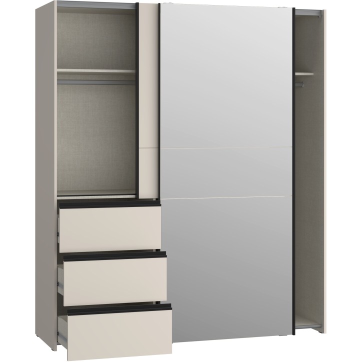 Armoire - 2 portes coulissantes 3 tiroirs - Décor Sable et miroir - L170,3 x P61,2 x H200,5 cm - WINN 2