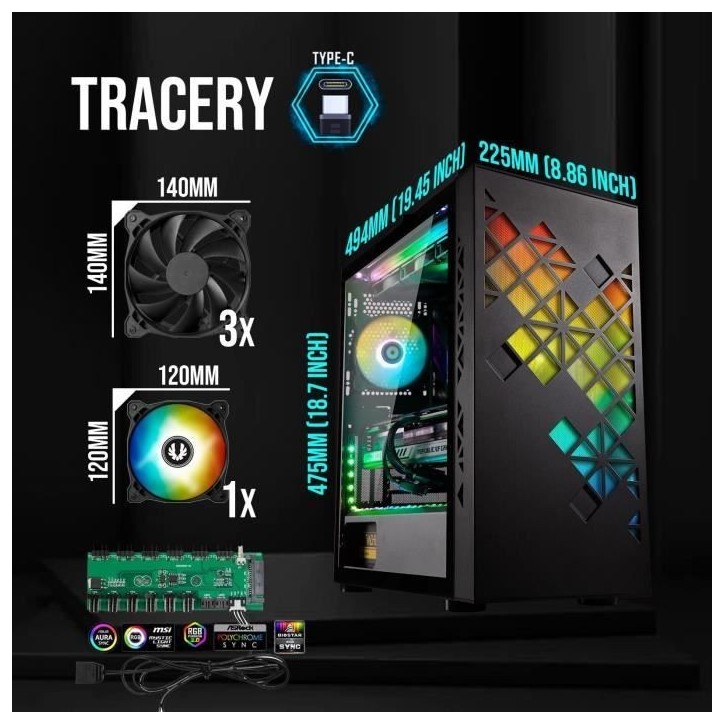 Boitier PC sans alimentation - BITFENIX Tracery ARGB (Noir) - Moyen tour - Format E-ATX Boitier PC sans alimentation - BITFENIX Tracery ARGB (Noir) - Moyen tour - Format E-ATX