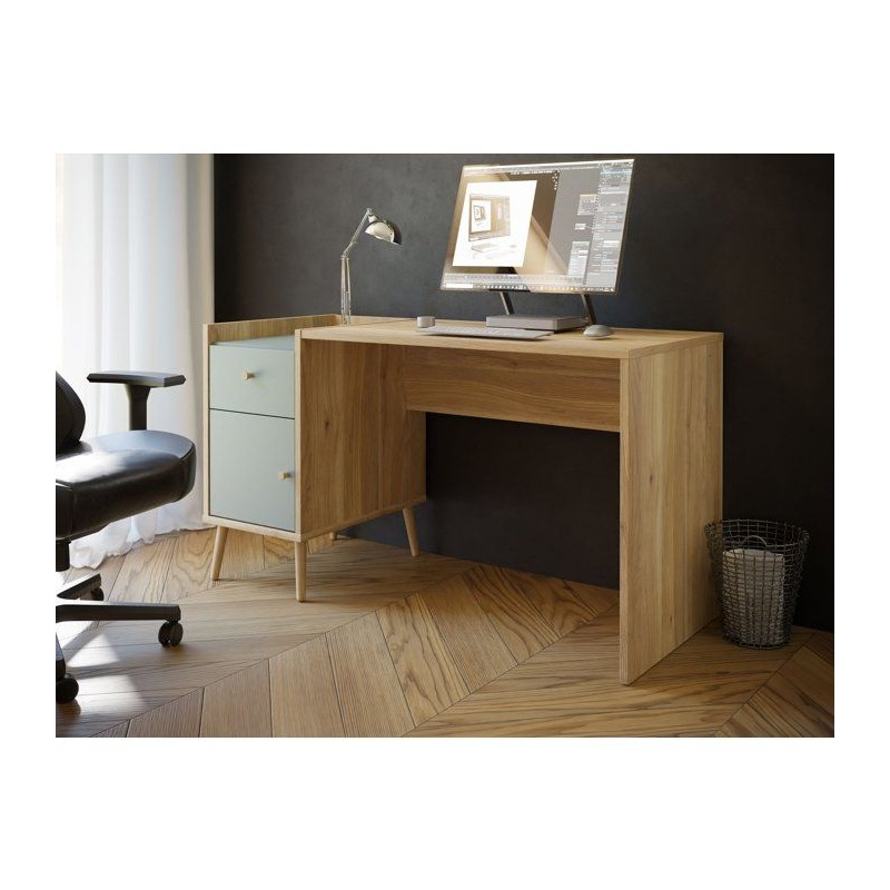 Bureau droit WHENUA - Chene/ Vert sauge - 139,6 x 77,3 x 60 cm