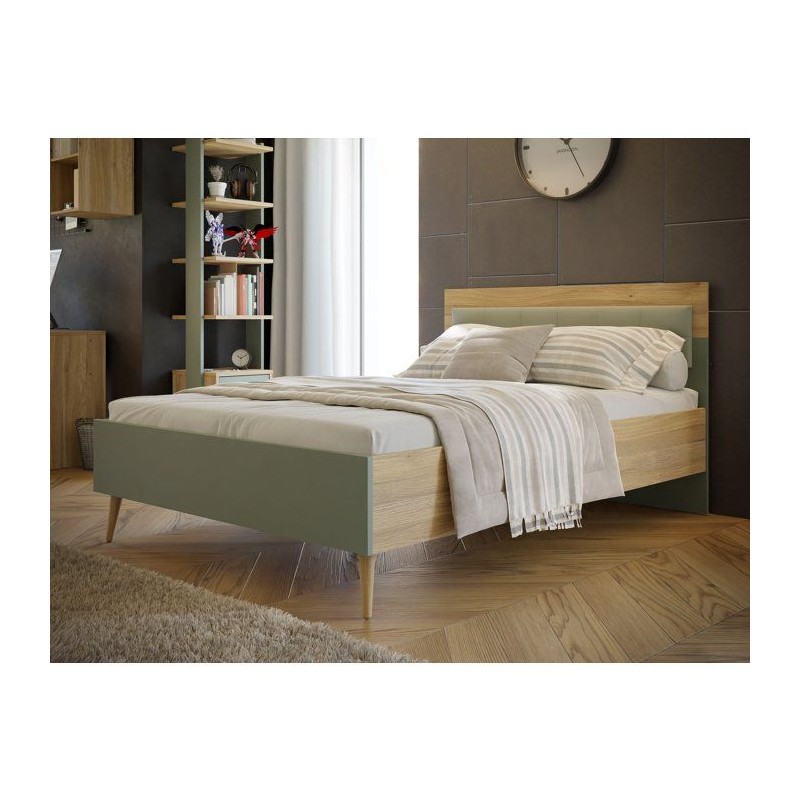 Lit double adulte WHENUA - 140 x 200 cm - Tete de lit en tissu - Vert