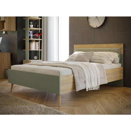 Lit double adulte WHENUA - 140 x 200 cm - Tete de lit en tissu - Vert