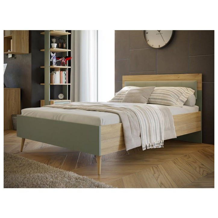 Lit double adulte WHENUA - 140 x 200 cm - Tete de lit en tissu - Vert Sauge / Chene Lit double adulte WHENUA - 140 x 200 cm - Tete de lit en tissu - Vert Sauge / Chene