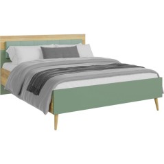 Lit double adulte WHENUA - 140 x 200 cm - Tete de lit en tissu - Vert Sauge / Chene