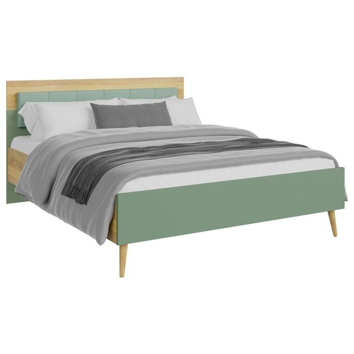 Lit double adulte WHENUA - 140 x 200 cm - Tete de lit en tissu - Vert Sauge / Chene Lit double adulte WHENUA - 140 x 200 cm - Tete de lit en tissu - Vert Sauge / Chene