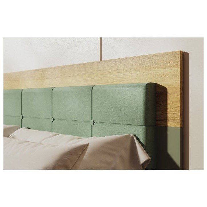 Lit double adulte WHENUA - 140 x 200 cm - Tete de lit en tissu - Vert Sauge / Chene Lit double adulte WHENUA - 140 x 200 cm - Tete de lit en tissu - Vert Sauge / Chene
