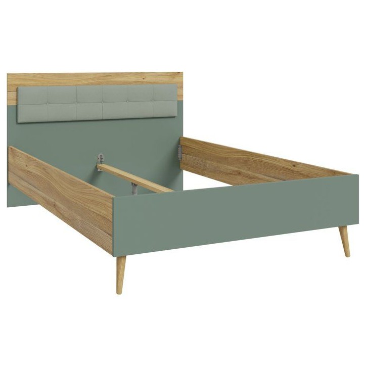 Lit double adulte WHENUA - 140 x 200 cm - Tete de lit en tissu - Vert Sauge / Chene Lit double adulte WHENUA - 140 x 200 cm - Tete de lit en tissu - Vert Sauge / Chene
