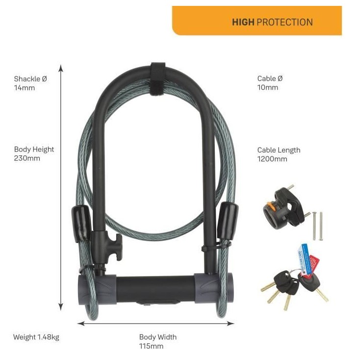 Antivol U a clé de Sécurité + Câble pour Vélo et VTT - YALE - YUL2C/13/230/1 - Certifié Sold Secure Silver - 4 clés fourn Antivol U a clé de Sécurité + Câble pour Vélo et VTT - YALE - YUL2C/13/230/1 - Certifié Sold Secure Silver - 4 clés fourn