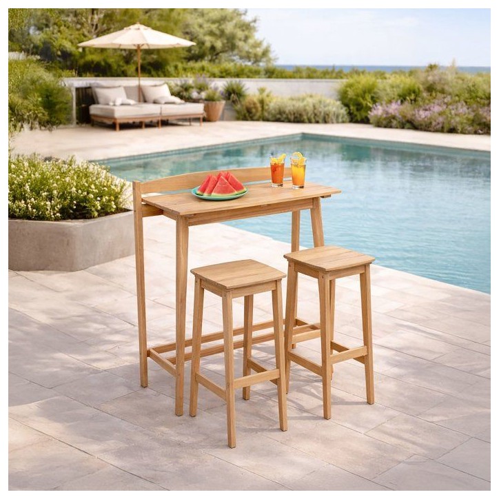 Ensemble bar de jardin - ZANZIBAR - Bois d'Acacia FSC - 1 table haute 100x44,5xH.112 cm - 2 tabourets 35x37xH.72 cm - 2 personne Ensemble bar de jardin - ZANZIBAR - Bois d'Acacia FSC - 1 table haute 100x44,5xH.112 cm - 2 tabourets 35x37xH.72 cm - 2 personne