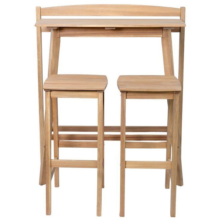 Ensemble bar de jardin - ZANZIBAR - Bois d'Acacia FSC - 1 table haute 100x44,5xH.112 cm - 2 tabourets 35x37xH.72 cm - 2 personne Ensemble bar de jardin - ZANZIBAR - Bois d'Acacia FSC - 1 table haute 100x44,5xH.112 cm - 2 tabourets 35x37xH.72 cm - 2 personne