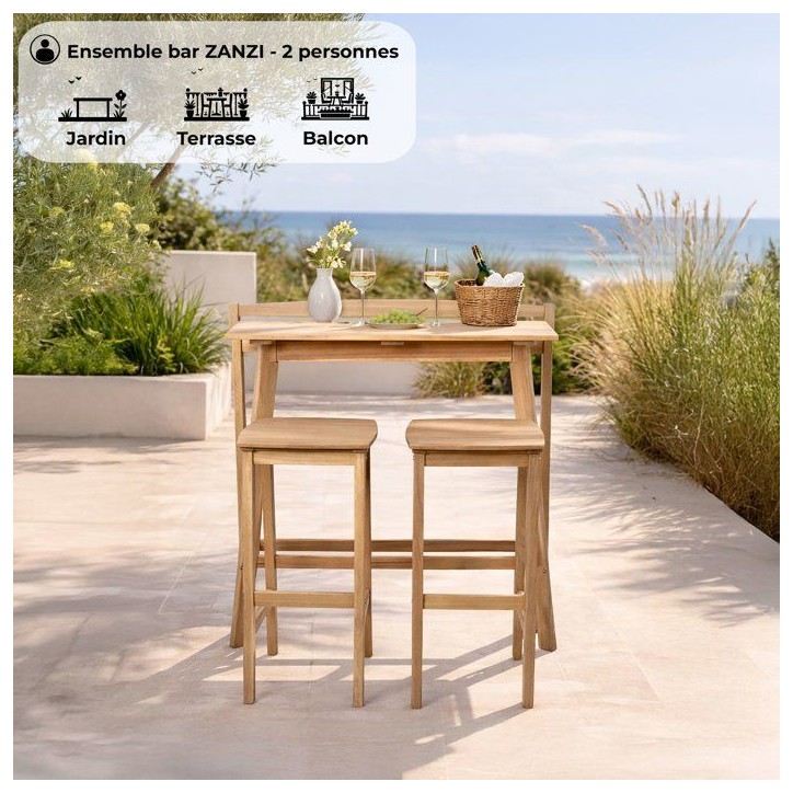 Ensemble bar de jardin - ZANZIBAR - Bois d'Acacia FSC - 1 table haute 100x44,5xH.112 cm - 2 tabourets 35x37xH.72 cm - 2 personne Ensemble bar de jardin - ZANZIBAR - Bois d'Acacia FSC - 1 table haute 100x44,5xH.112 cm - 2 tabourets 35x37xH.72 cm - 2 personne