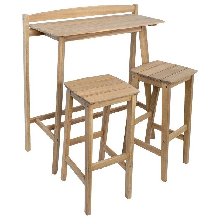 Ensemble bar de jardin - ZANZIBAR - Bois d'Acacia FSC - 1 table haute 100x44,5xH.112 cm - 2 tabourets 35x37xH.72 cm - 2 personne Ensemble bar de jardin - ZANZIBAR - Bois d'Acacia FSC - 1 table haute 100x44,5xH.112 cm - 2 tabourets 35x37xH.72 cm - 2 personne
