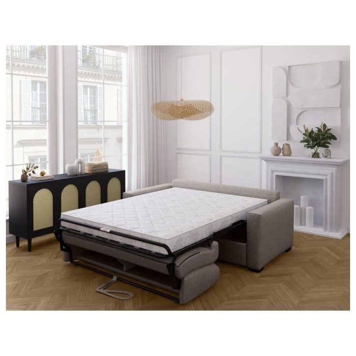 Canapé convertible express - MARIUS - Tissu Beige - matelas 14cm - 190 x 100 x 87 cm