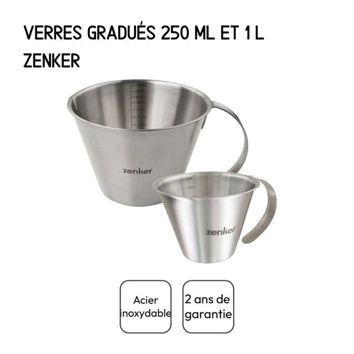 Set de 2 verres doseurs gradués - ZENKER - Inox - 250 ml et 1 litre Set de 2 verres doseurs gradués - ZENKER - Inox - 250 ml et 1 litre