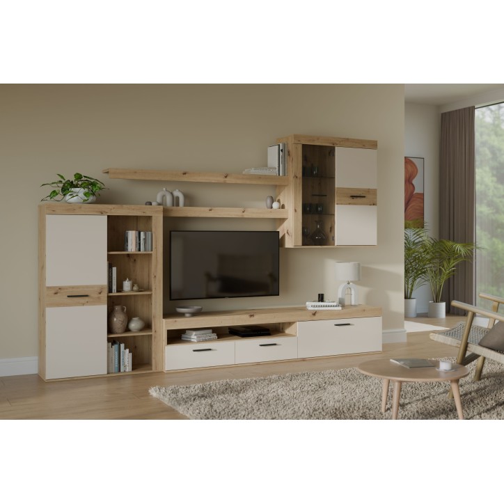Ensemble meuble TV paroi - ZUMBA - Sable / Chene - 300 x 41 x 200,9 cm - Eclairage LED inclus Ensemble meuble TV paroi - ZUMBA - Sable / Chene - 300 x 41 x 200,9 cm - Eclairage LED inclus