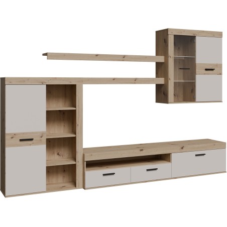 Ensemble meuble TV paroi - ZUMBA - Sable / Chene - 300 x 41 x 200,9 cm - Eclairage LED inclus