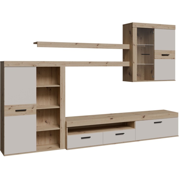 Ensemble meuble TV paroi - ZUMBA - Sable / Chene - 300 x 41 x 200,9 cm - Eclairage LED inclus Ensemble meuble TV paroi - ZUMBA - Sable / Chene - 300 x 41 x 200,9 cm - Eclairage LED inclus