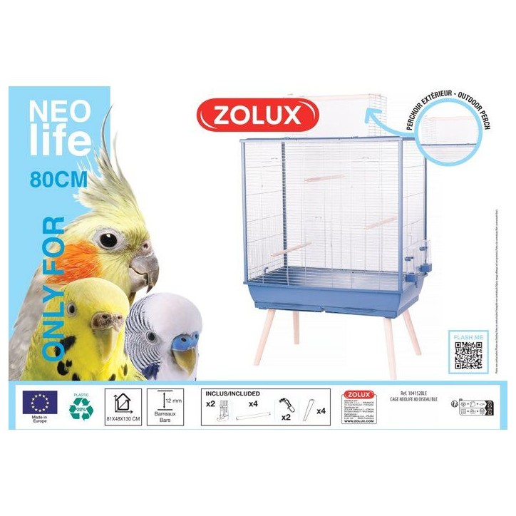 ZOLUX Cage grillagée surélevée pour oiseau Néolife - Pour perruche, calopsitte, canari - 81 x 48 x 130 cm - Néolife - Bleu ZOLUX Cage grillagée surélevée pour oiseau Néolife - Pour perruche, calopsitte, canari - 81 x 48 x 130 cm - Néolife - Bleu