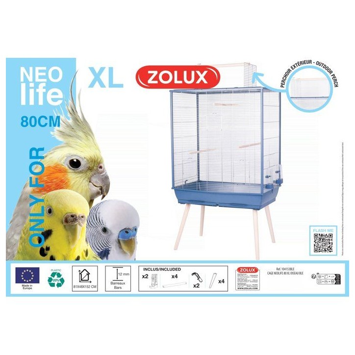 ZOLUX Cage grillagée surélevée pour oiseau Néolife - Pour perruche, calopsitte, canari - 81 x 48 x 152 cm - Néolife - Bleu ZOLUX Cage grillagée surélevée pour oiseau Néolife - Pour perruche, calopsitte, canari - 81 x 48 x 152 cm - Néolife - Bleu