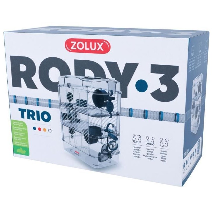 Cage sur 3 étages - ZOLUX - Rody3 trio - Pour hamsters, souris et gerbilles - L 41 x p 27 x h 53 cm - Bleu Cage sur 3 étages - ZOLUX - Rody3 trio - Pour hamsters, souris et gerbilles - L 41 x p 27 x h 53 cm - Bleu