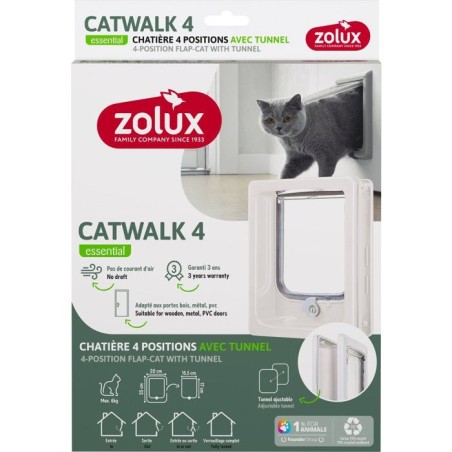 Chatiere 4 positions avec tunnel - ZOLUX - L20 x H25 cm - Pour porte bois, PVC, métal - Catwalk - Blanc