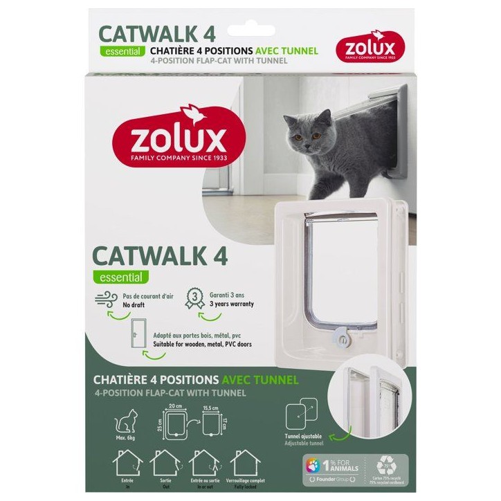 Chatiere 4 positions avec tunnel - ZOLUX - L20 x H25 cm - Pour porte bois, PVC, métal - Catwalk - Blanc Chatiere 4 positions avec tunnel - ZOLUX - L20 x H25 cm - Pour porte bois, PVC, métal - Catwalk - Blanc