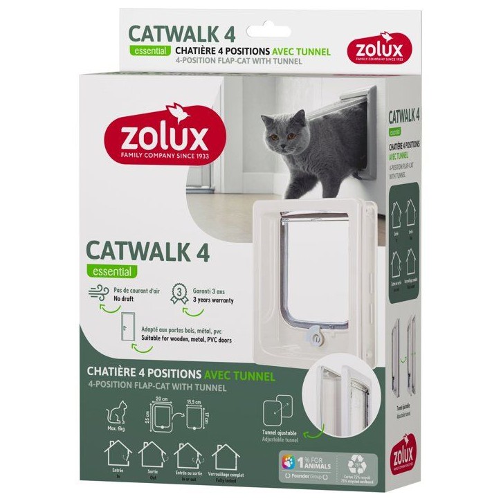 Chatiere 4 positions avec tunnel - ZOLUX - L20 x H25 cm - Pour porte bois, PVC, métal - Catwalk - Blanc Chatiere 4 positions avec tunnel - ZOLUX - L20 x H25 cm - Pour porte bois, PVC, métal - Catwalk - Blanc
