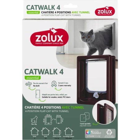Chatiere 4 positions avec tunnel - ZOLUX - L20 x H25 cm - Pour porte bois, PVC, métal - Catwalk - Marron
