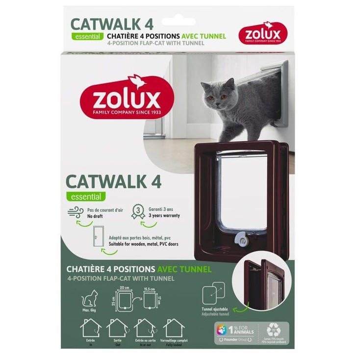 Chatiere 4 positions avec tunnel - ZOLUX - L20 x H25 cm - Pour porte bois, PVC, métal - Catwalk - Marron Chatiere 4 positions avec tunnel - ZOLUX - L20 x H25 cm - Pour porte bois, PVC, métal - Catwalk - Marron