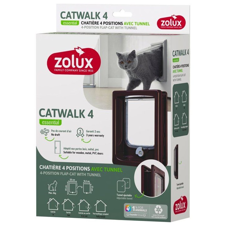 Chatiere 4 positions avec tunnel - ZOLUX - L20 x H25 cm - Pour porte bois, PVC, métal - Catwalk - Marron Chatiere 4 positions avec tunnel - ZOLUX - L20 x H25 cm - Pour porte bois, PVC, métal - Catwalk - Marron