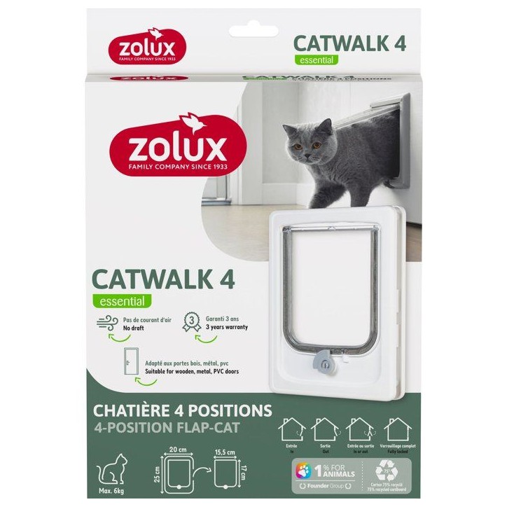 Chatiere 4 positions - ZOLUX - L20 x H25 cm - Pour porte bois, PVC, métal - Catwalk - Blanc Chatiere 4 positions - ZOLUX - L20 x H25 cm - Pour porte bois, PVC, métal - Catwalk - Blanc