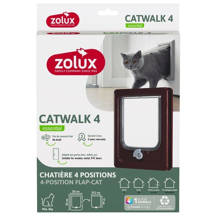 Chatiere 4 positions - ZOLUX - L20 x H25 cm - Pour porte bois, PVC, métal - Catwalk - Marron Chatiere 4 positions - ZOLUX - L20 x H25 cm - Pour porte bois, PVC, métal - Catwalk - Marron