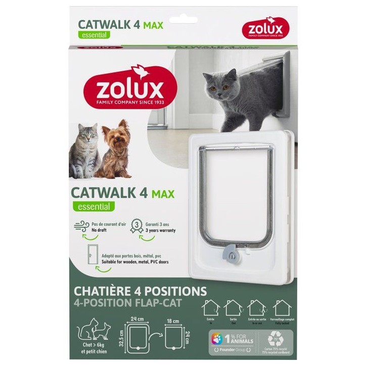 Chatiere 4 positions pour gros chat et petit chien - ZOLUX - L24 x H32,5 cm - Pour porte bois, PVC, métal - Catwalk - Blanc Chatiere 4 positions pour gros chat et petit chien - ZOLUX - L24 x H32,5 cm - Pour porte bois, PVC, métal - Catwalk - Blanc