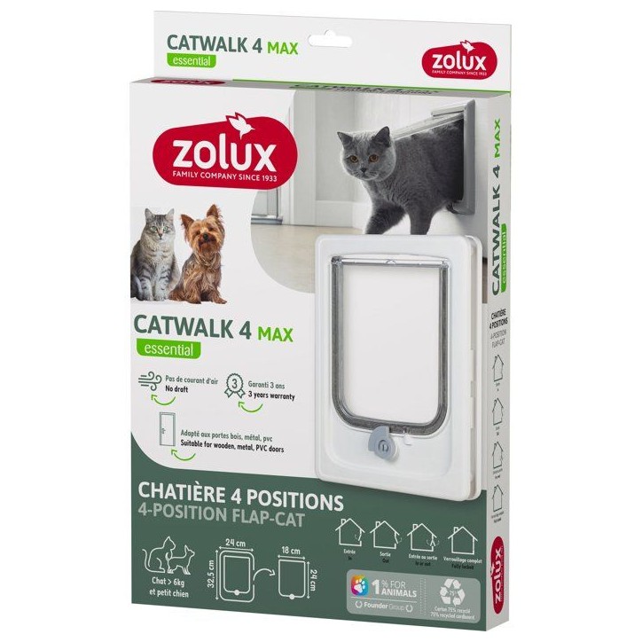 Chatiere 4 positions pour gros chat et petit chien - ZOLUX - L24 x H32,5 cm - Pour porte bois, PVC, métal - Catwalk - Blanc Chatiere 4 positions pour gros chat et petit chien - ZOLUX - L24 x H32,5 cm - Pour porte bois, PVC, métal - Catwalk - Blanc