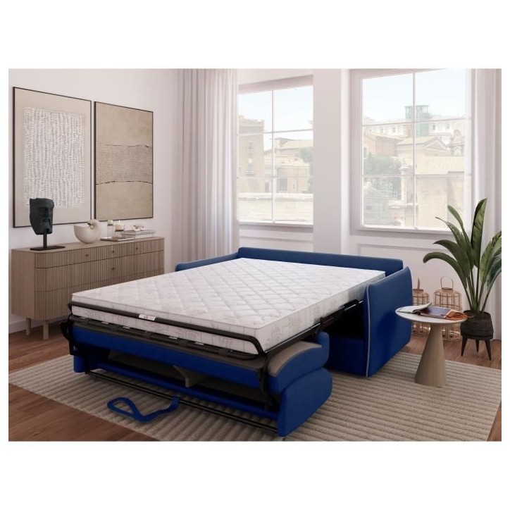 Canapé convertible express - AGATHE - Tissu Bleu - matelas 14cm - 175 x 100 x 87 cm