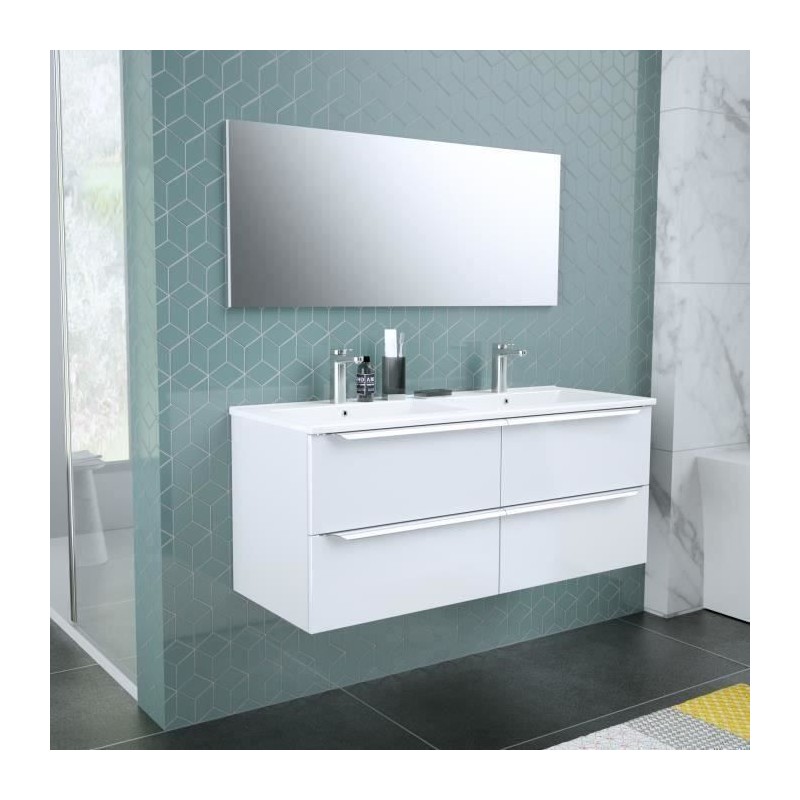 Meuble de salle de bain double vasque avec miroir L 120cm - 4 tiroirs