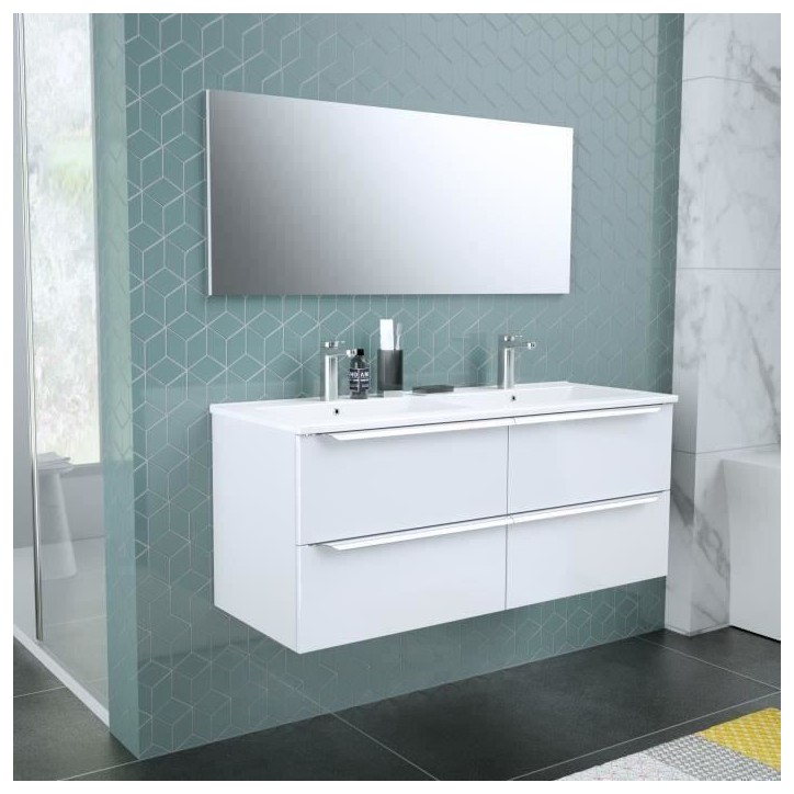 Meuble de salle de bain double vasque avec miroir L 120cm - 4 tiroirs - Blanc laqué brillant - ZOOM Meuble de salle de bain double vasque avec miroir L 120cm - 4 tiroirs - Blanc laqué brillant - ZOOM