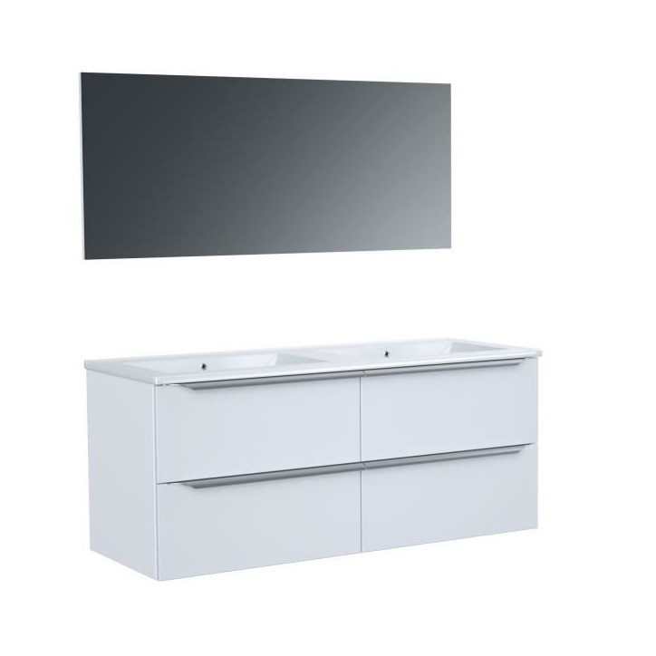 Meuble de salle de bain double vasque avec miroir L 120cm - 4 tiroirs - Blanc laqué brillant - ZOOM Meuble de salle de bain double vasque avec miroir L 120cm - 4 tiroirs - Blanc laqué brillant - ZOOM