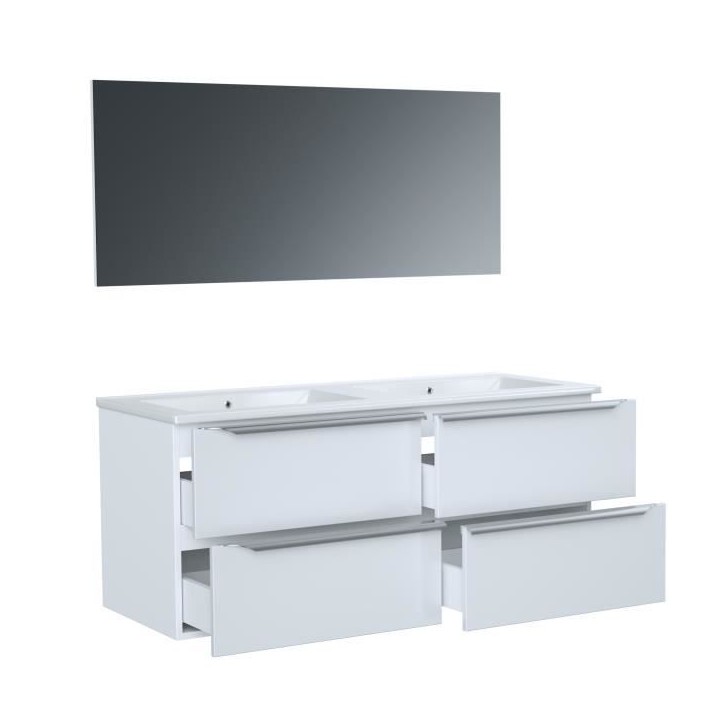 Meuble de salle de bain double vasque avec miroir L 120cm - 4 tiroirs - Blanc laqué brillant - ZOOM Meuble de salle de bain double vasque avec miroir L 120cm - 4 tiroirs - Blanc laqué brillant - ZOOM