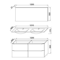 Meuble de salle de bain double vasque avec miroir L 120cm - 4 tiroirs