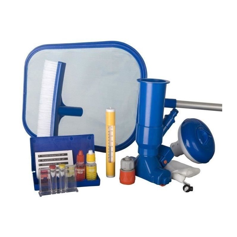 GRE - Kit de nettoyage piscine 7 pieces - trousse d'analyse, 1 brosse,