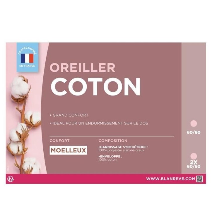 BLANREVE Oreiller en coton - 60 x 60 cm - Blanc BLANREVE Oreiller en coton - 60 x 60 cm - Blanc