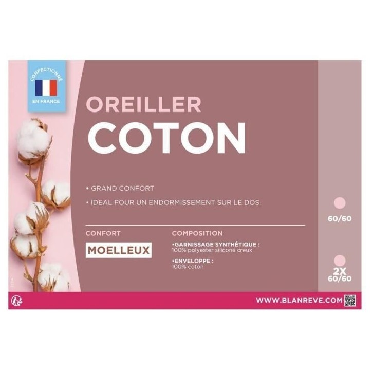 BLANREVE Lot de 2 Oreillers en coton - 60 x 60 cm - Blanc