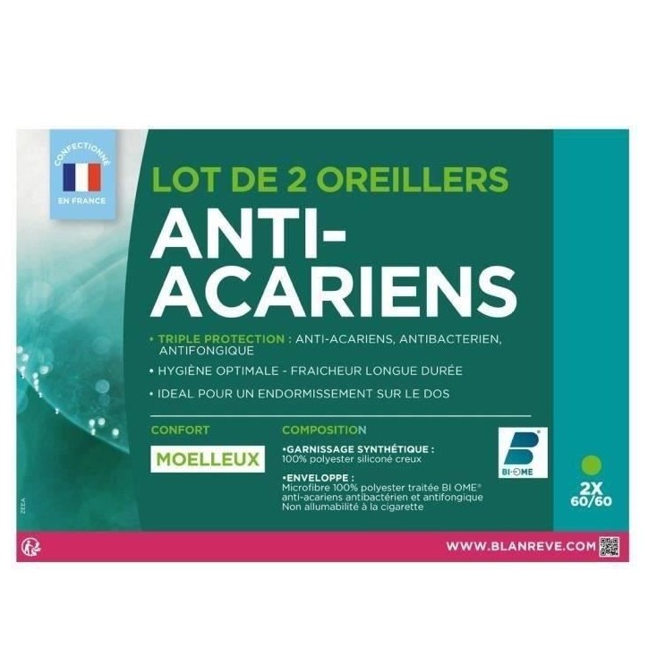 BLANREVE Lot de 2 Oreillers Triple Protection - 60 x 60 cm - Blanc BLANREVE Lot de 2 Oreillers Triple Protection - 60 x 60 cm - Blanc