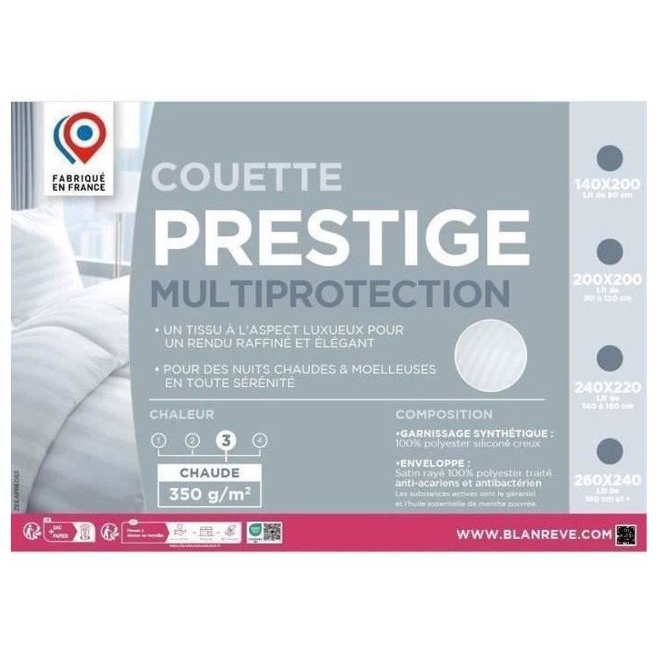 Couette chaude 220x240 cm BLANREVE PRESTIGE Multiprotection - 100% Polyester - 2 Personnes - Satin rayé