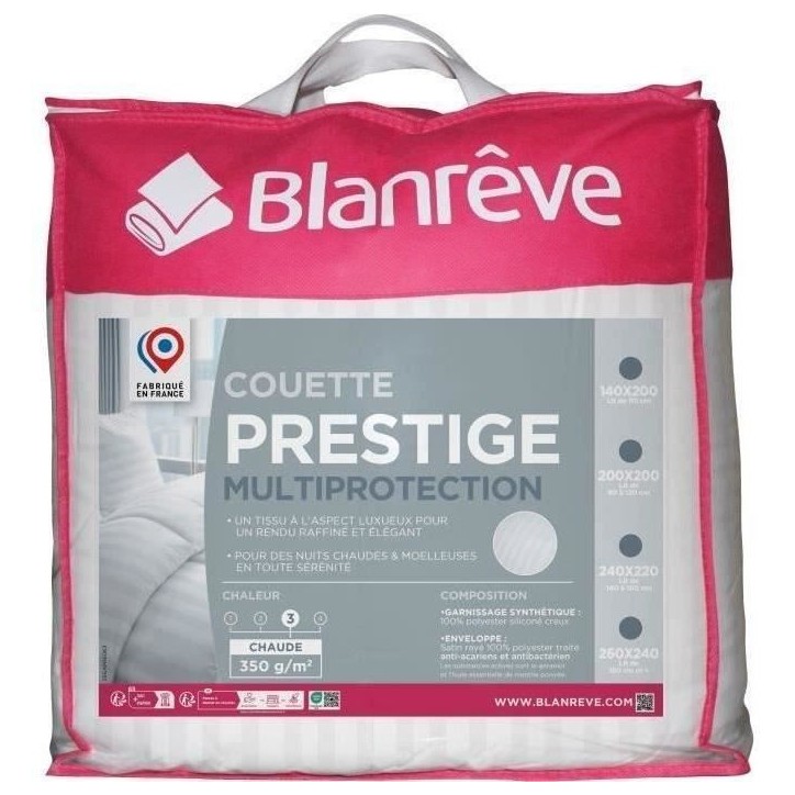 Couette chaude 240x260 cm BLANREVE PRESTIGE Multiprotection - 100% Polyester - 2 Personnes - Satin rayé